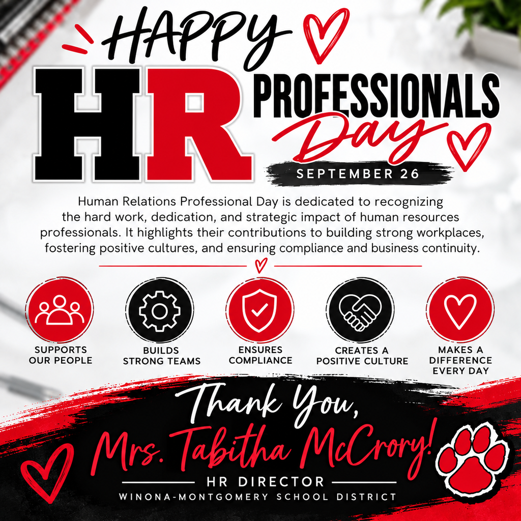 A red and white poster says "Happy HR Professionals Day" and "Thank You, Mrs. Tabitha McCoy". It highlights contributions to compliance, culture, and teams.