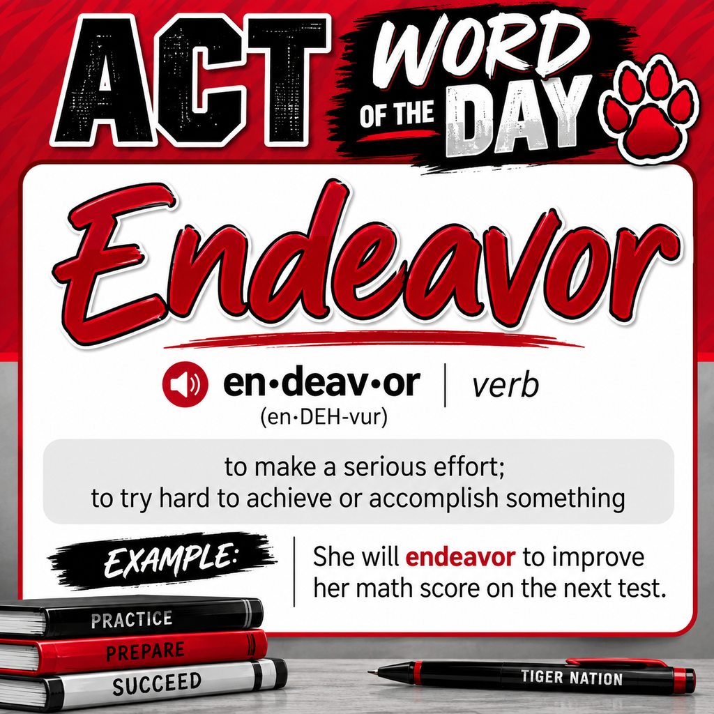 An advertisement poster displays the "ACT Word of the Day" featuring the word "Endeavor". It has a red paw print and a black outline.