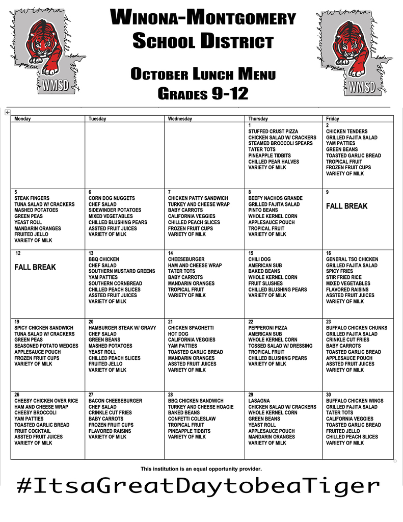 Winona-Montgomery School District menu for October, for grades 9-12. Red logo with text and menu items are listed in a grid format.