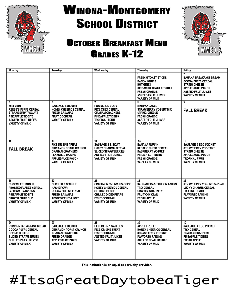 A menu from Winona-Montgomery School District for October, displaying breakfast and lunch options for grades K-12.