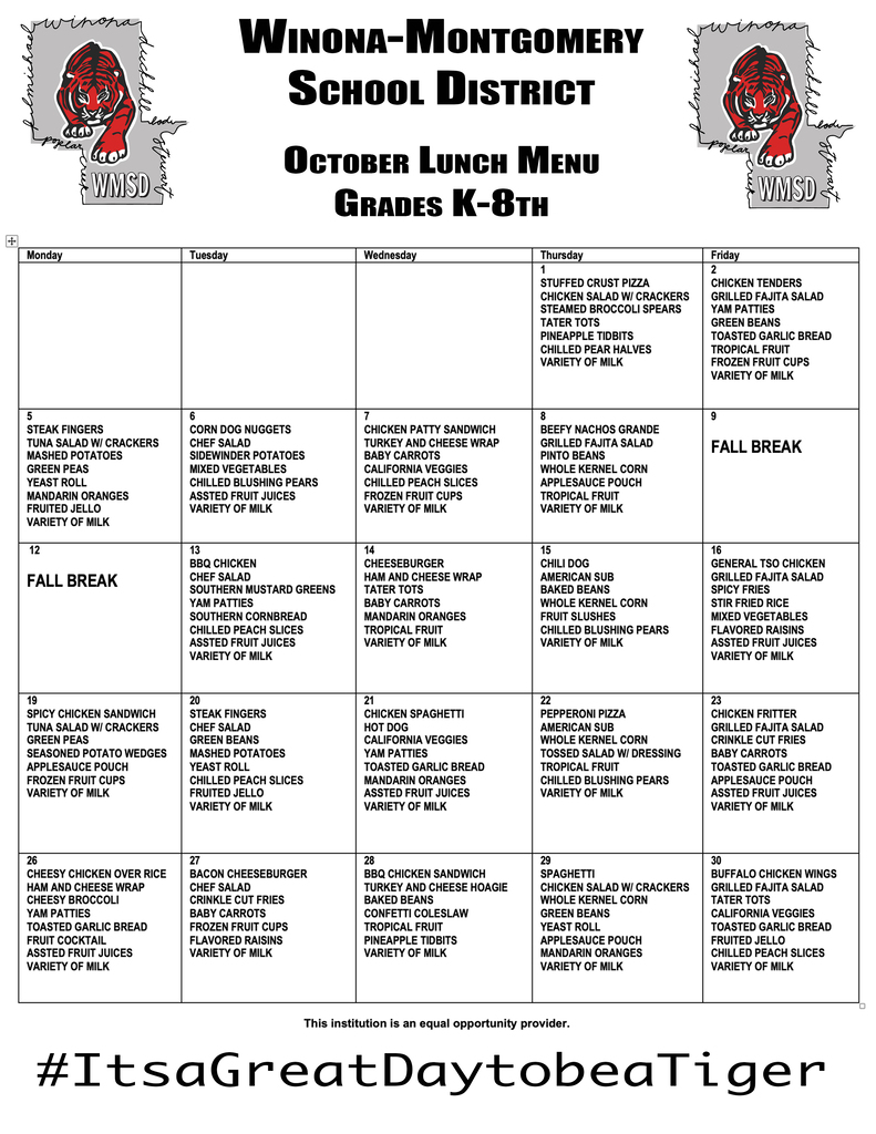 Menu for Winona-Montgomery School District, October. It displays lunch options for grades K-8 and includes food items such as chicken tenders, fruit cups, and salad.