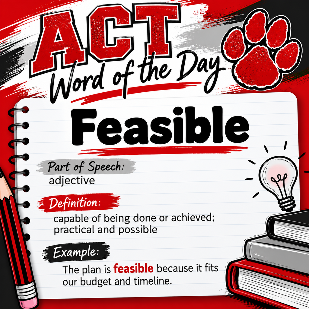 A colorful display with 'ACT Word of the Day: Feasible'. An adjective definition and example are provided. Paw print, pencil, light bulb, and books on a red background.