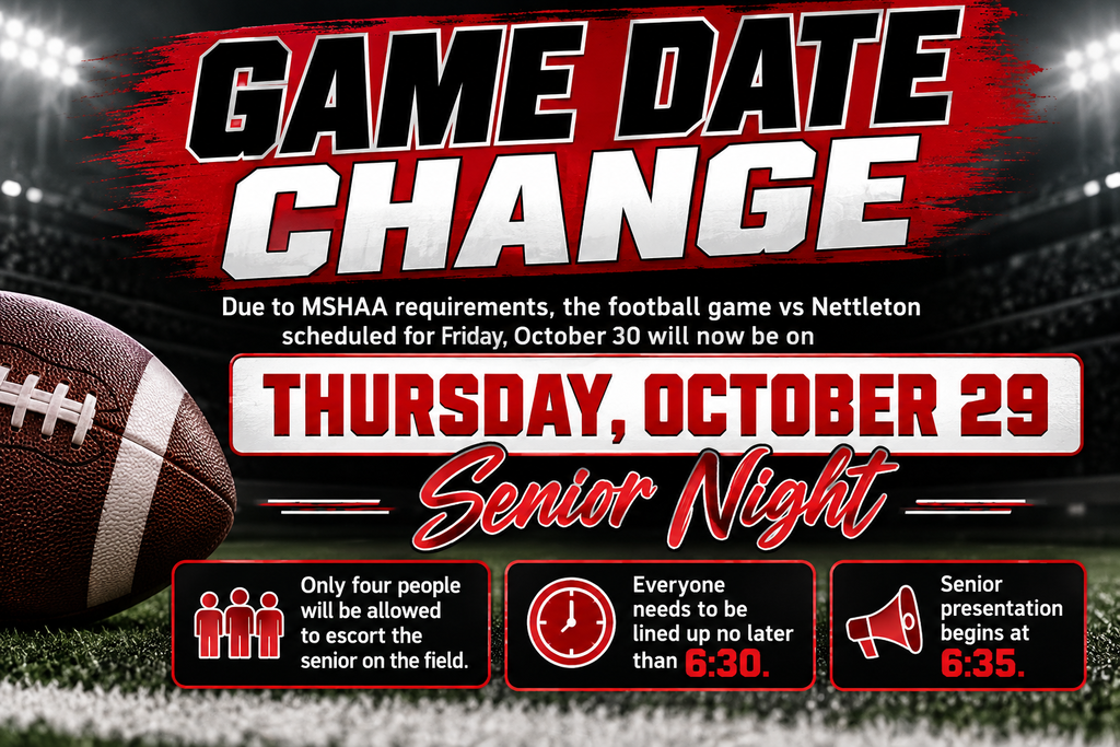 A sports announcement for a football game reschedule. Football ball and icons of people and a clock.