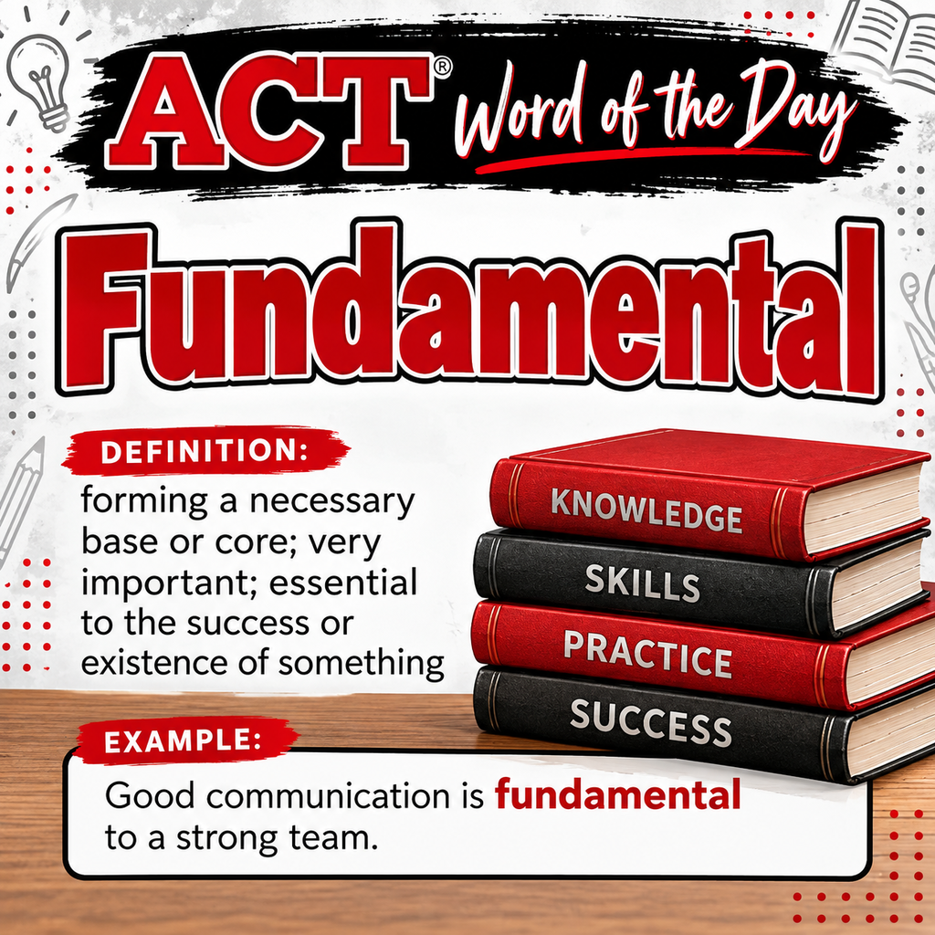 Poster with "ACT Word of the Day" in bold, "Fundamental" in red letters above four stacked books. Books titled "Knowledge, Skills, Practice, Success".