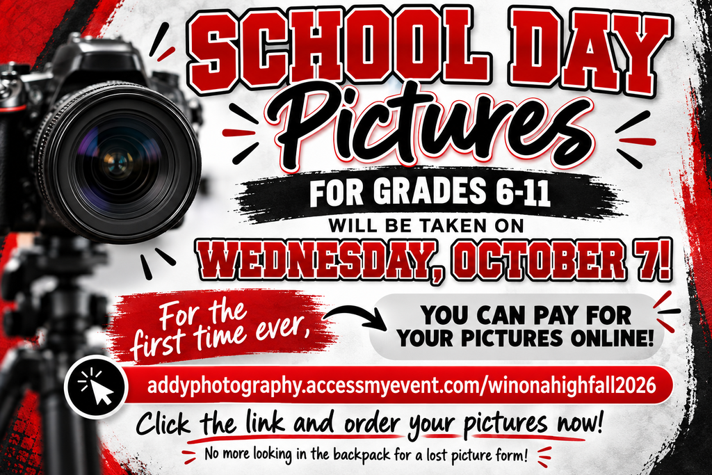 A flyer announces school day pictures for Grades 6-11 on Wednesday, October 7. A camera is shown on a tripod.