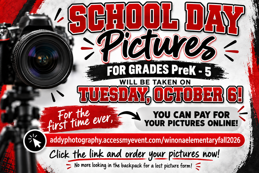 Poster with a camera, "School Day Pictures" headline, "For Grades PreK-5" text, date "Tuesday, October 6!" and "You can pay for your pictures online!" link.