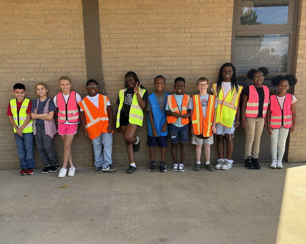 Nine children stand in a row wearing reflective vests, posing for a photo in front of a brick building.