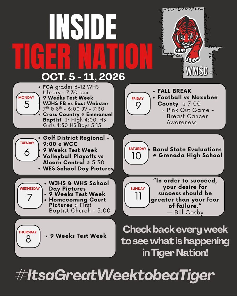 A poster lists events for "Inside Tiger Nation" from October 5-11, 2026. It highlights sports events, tests, and community activities.