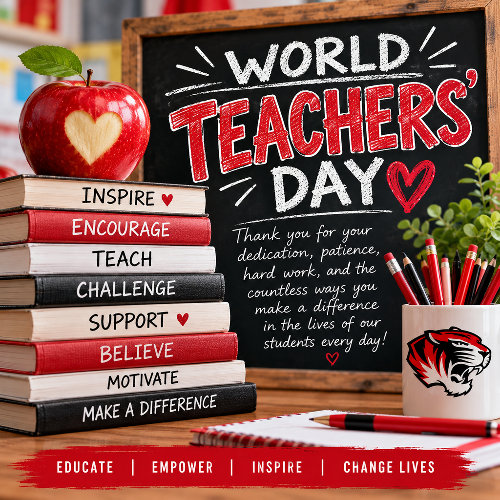 Books, an apple, a chalkboard, a pen, a mug, and a plant. "World Teachers' Day" is written on the chalkboard.