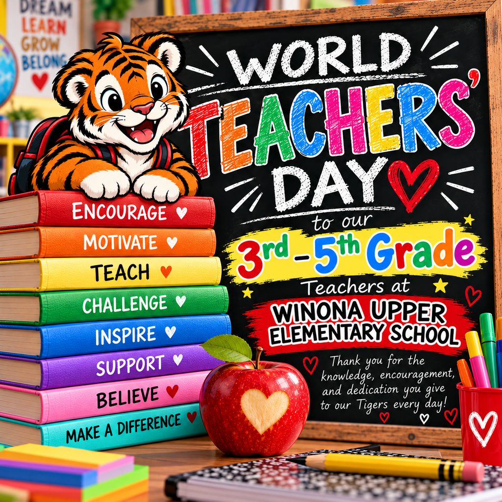 A bulletin board reads "World Teachers' Day" with colorful words. An apple and pencil sit next to books and a mascot.