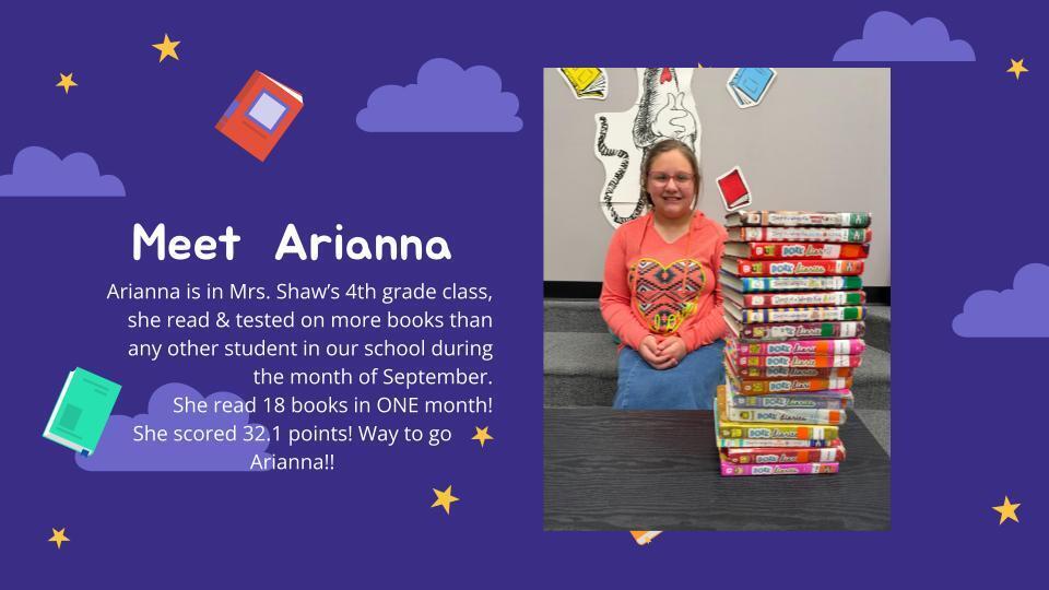 A girl in orange sits with a stack of books. Background with stars and clouds. Text highlights reading achievements.