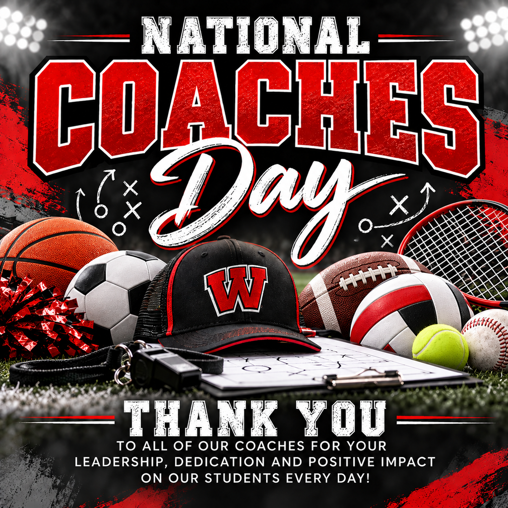 Poster design with sports equipment, a cap, and a clipboard on a field. Text reads "National Coaches Day, Thank You."