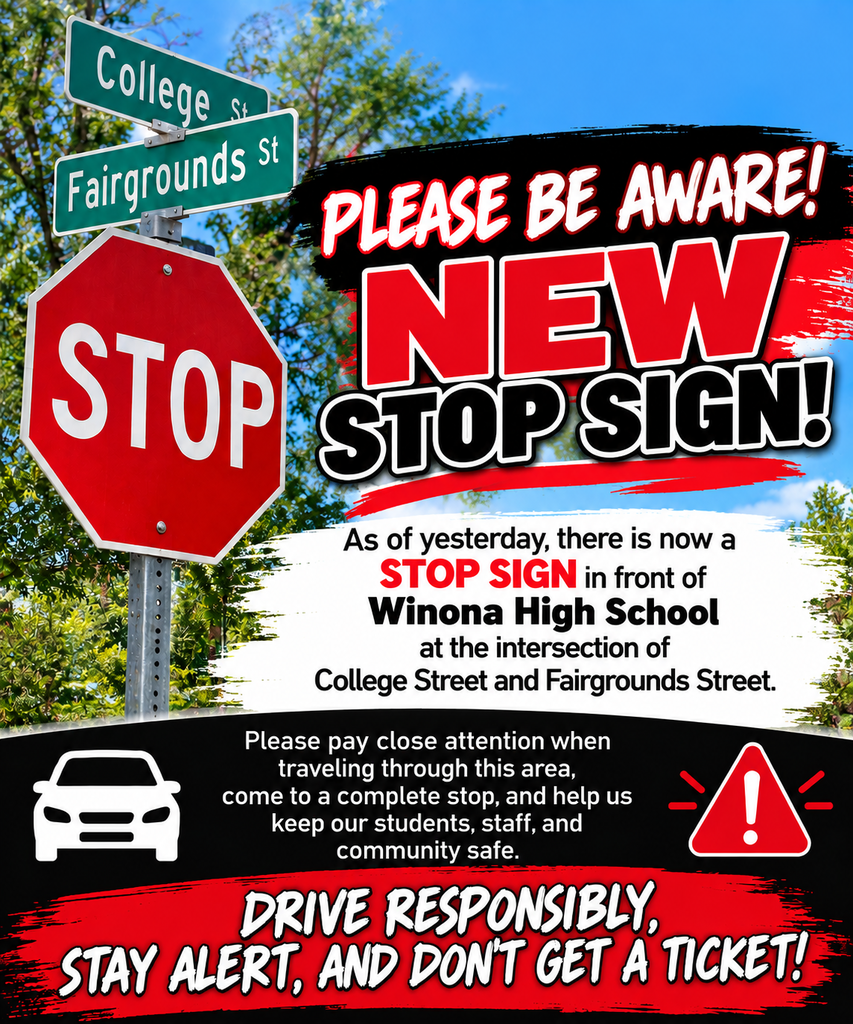 A poster features a stop sign and red, white, and black text. It says, "Please be aware! New stop sign!"