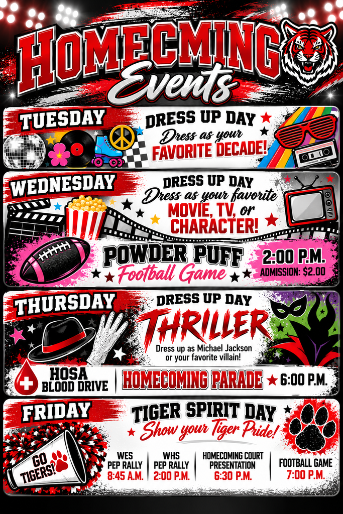Event schedule poster featuring multiple days with various events, including dress-up days, a football game, and a parade.