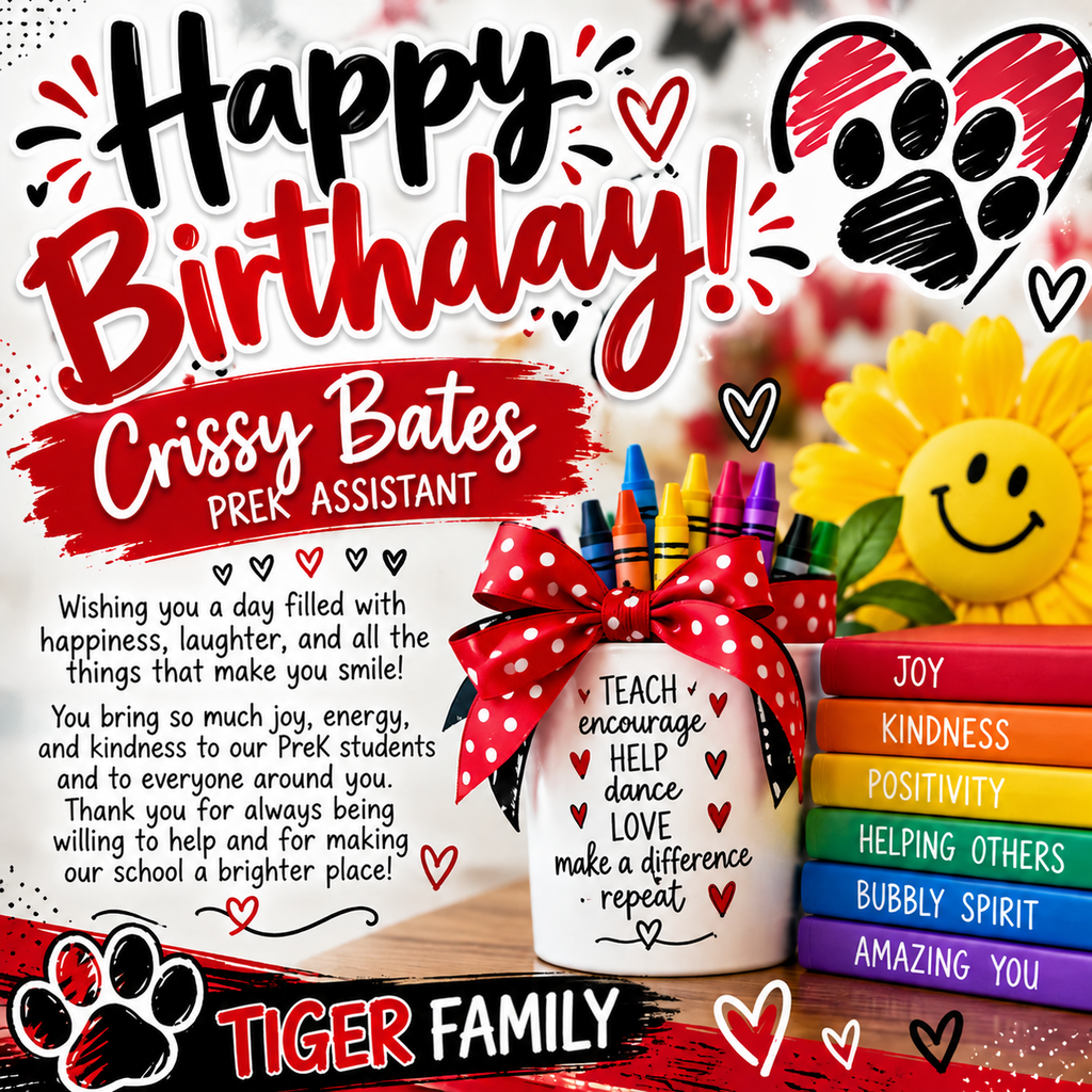 A birthday card featuring "Happy Birthday Crissy Bates" and colorful crayons, books, and a sunflower. The card includes messages of joy, kindness, and love.