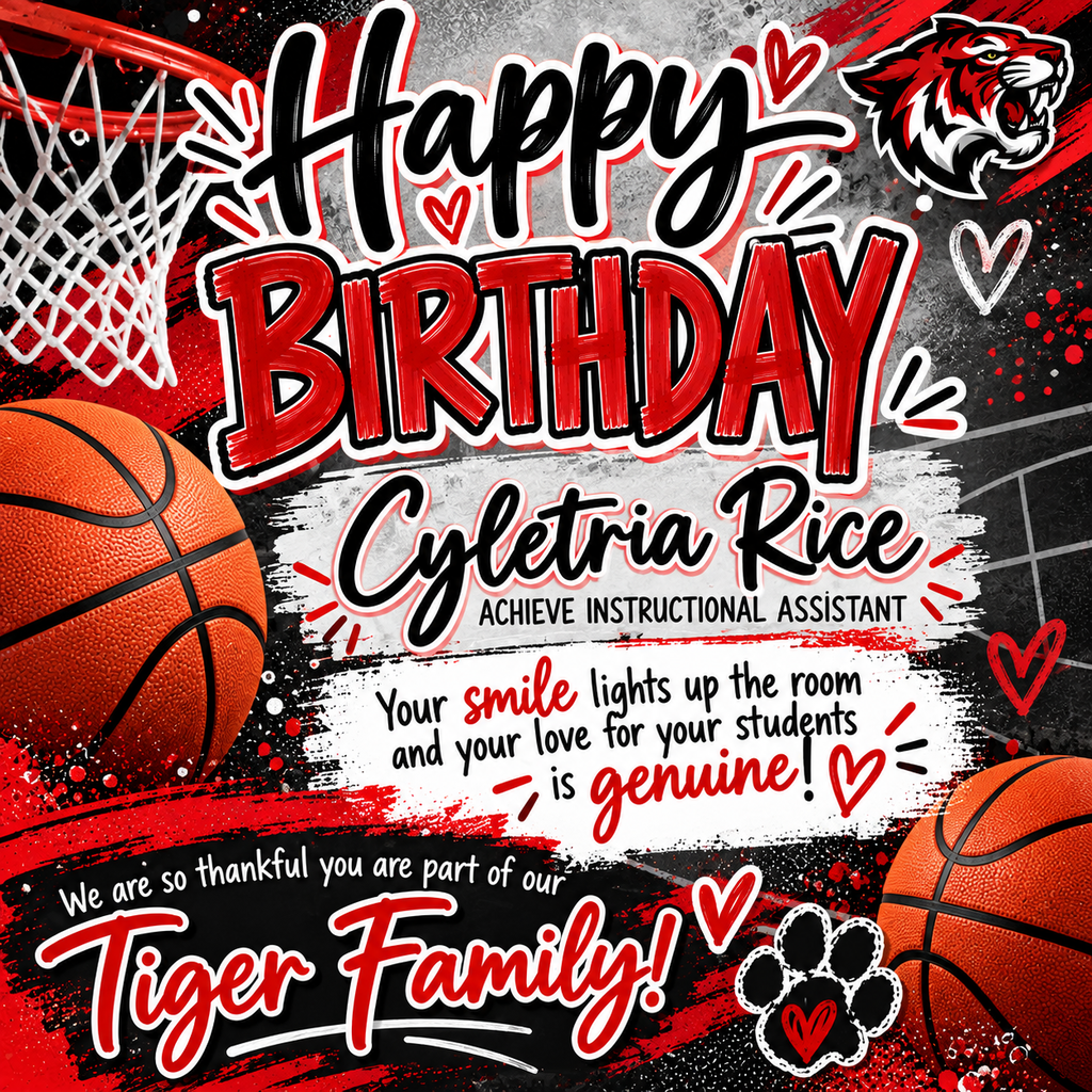 Black and red poster with "Happy Birthday" text, a basketball, a paw print, and a tiger logo.