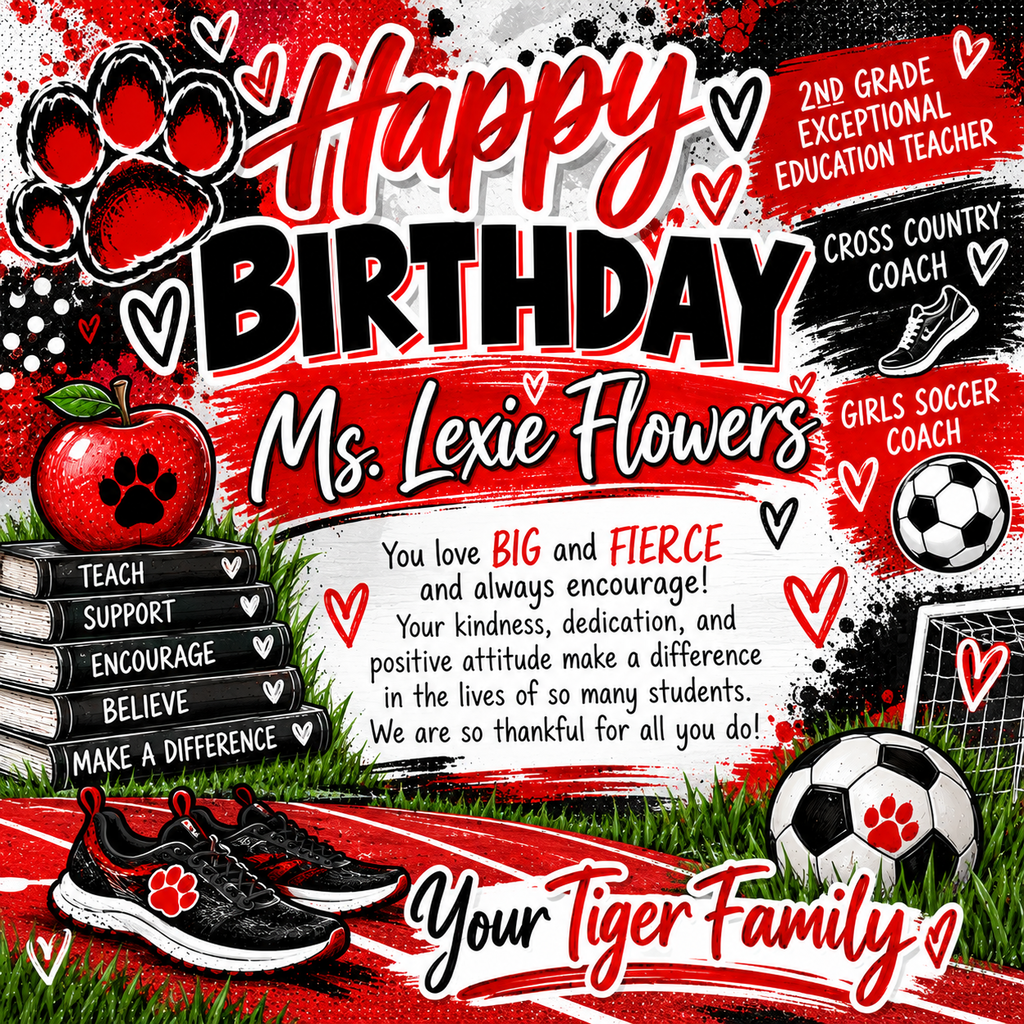 Birthday greeting card for Ms. Lexie Flowers. Red background with sports symbols, books, shoes, and apples.
