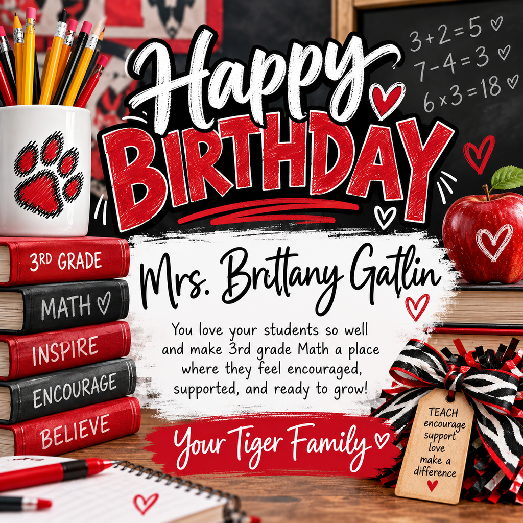 Poster reads "Happy Birthday" in red with paw prints and hearts. A cup, apple, and pencils are in the foreground.