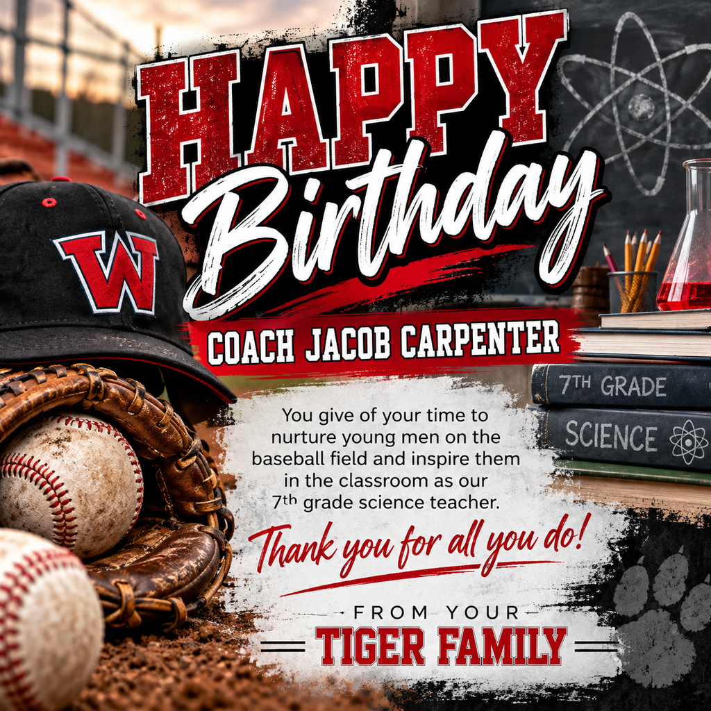 A birthday card with text for Coach Jacob Carpenter, featuring a baseball glove, a baseball, and books.