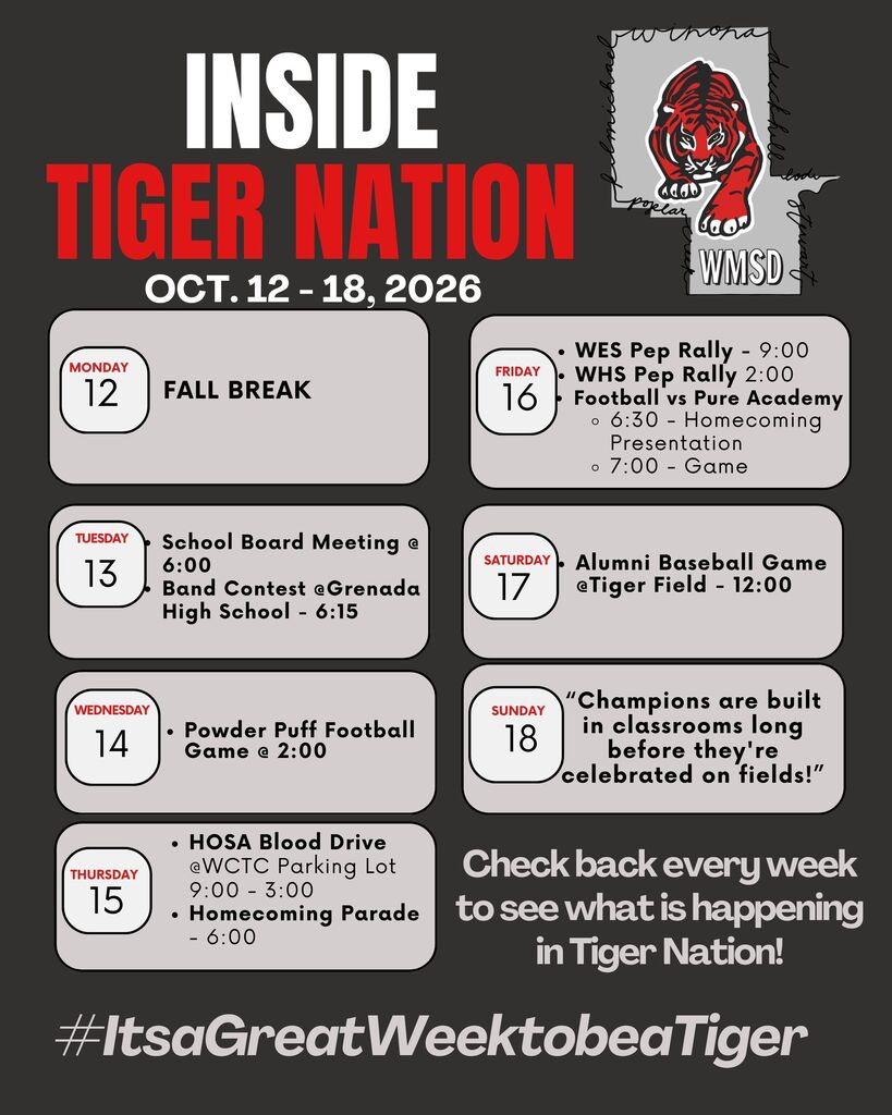 An infographic titled "Inside Tiger Nation" outlines activities from October 12 to 18, 2026, including football events, a school board meeting, and homecoming parade.