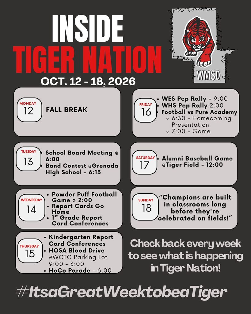 Poster displaying a tiger with "Inside Tiger Nation" at top. Weekly events listed from Oct. 12-18, 2026, including school activities and sports events.