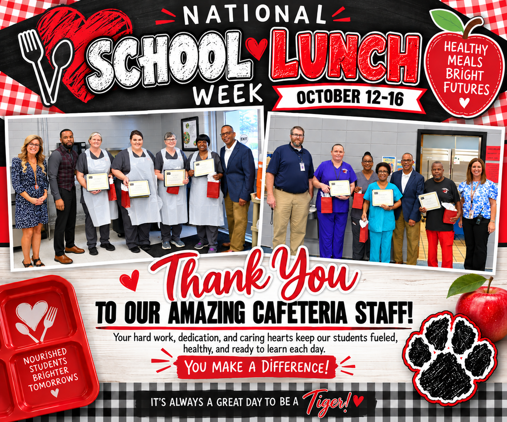 Promotional poster for National School Lunch Week, October 12-16. Collage of cafeteria staff with certificates and a tiger paw print.