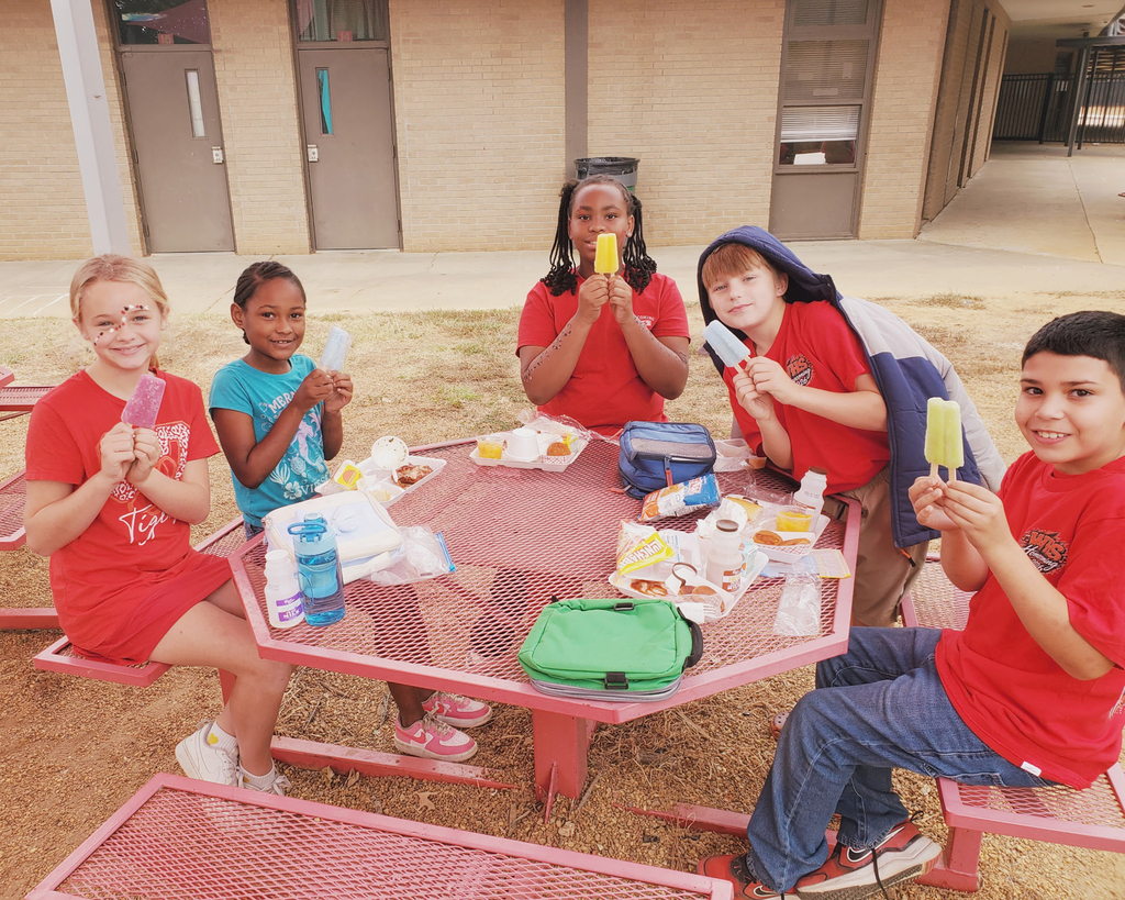 Six children in red shirts sit around a pink picnic table eating and holding popsicles.