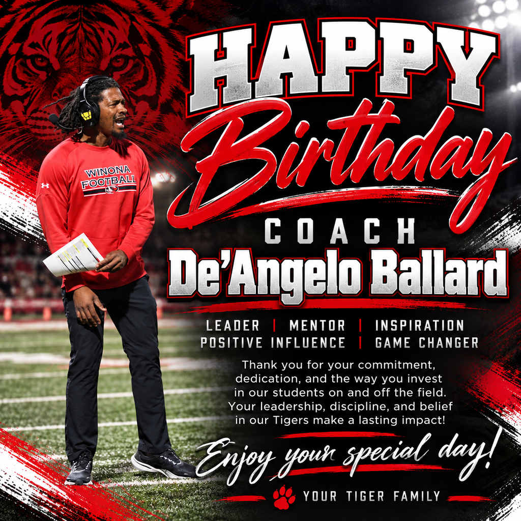 A man holding paper stands on a football field. A birthday message reads, "Happy Birthday Coach De'Angelo Ballard".