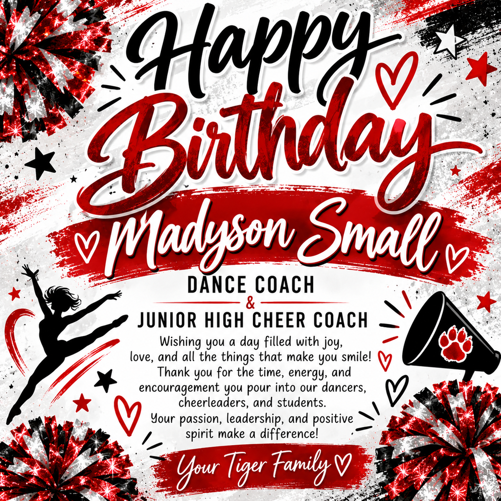 Black and red background with hearts and stars. "Happy Birthday Madison Small" text. Silhouette of person doing ballet.