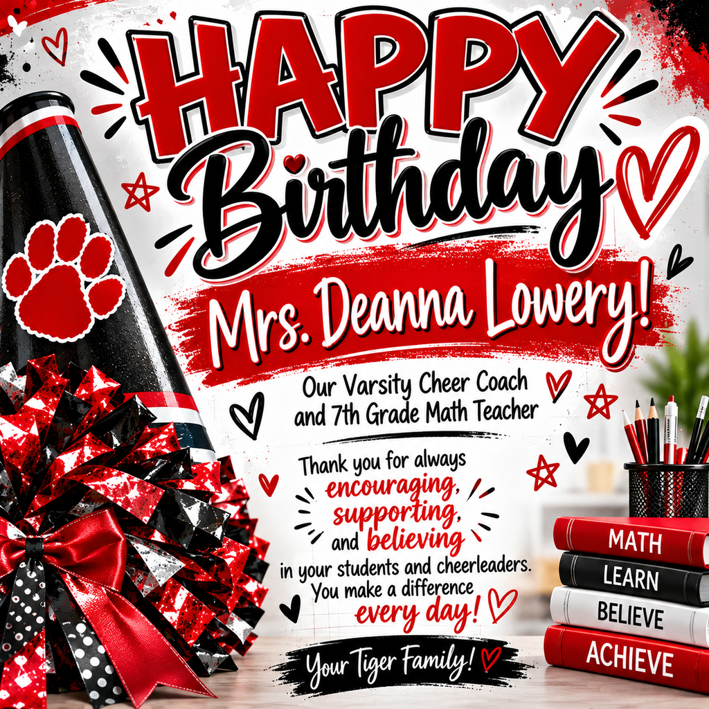 A birthday card for Mrs. Deanna Lowery includes a stack of books, a pen holder, and a pom pom.