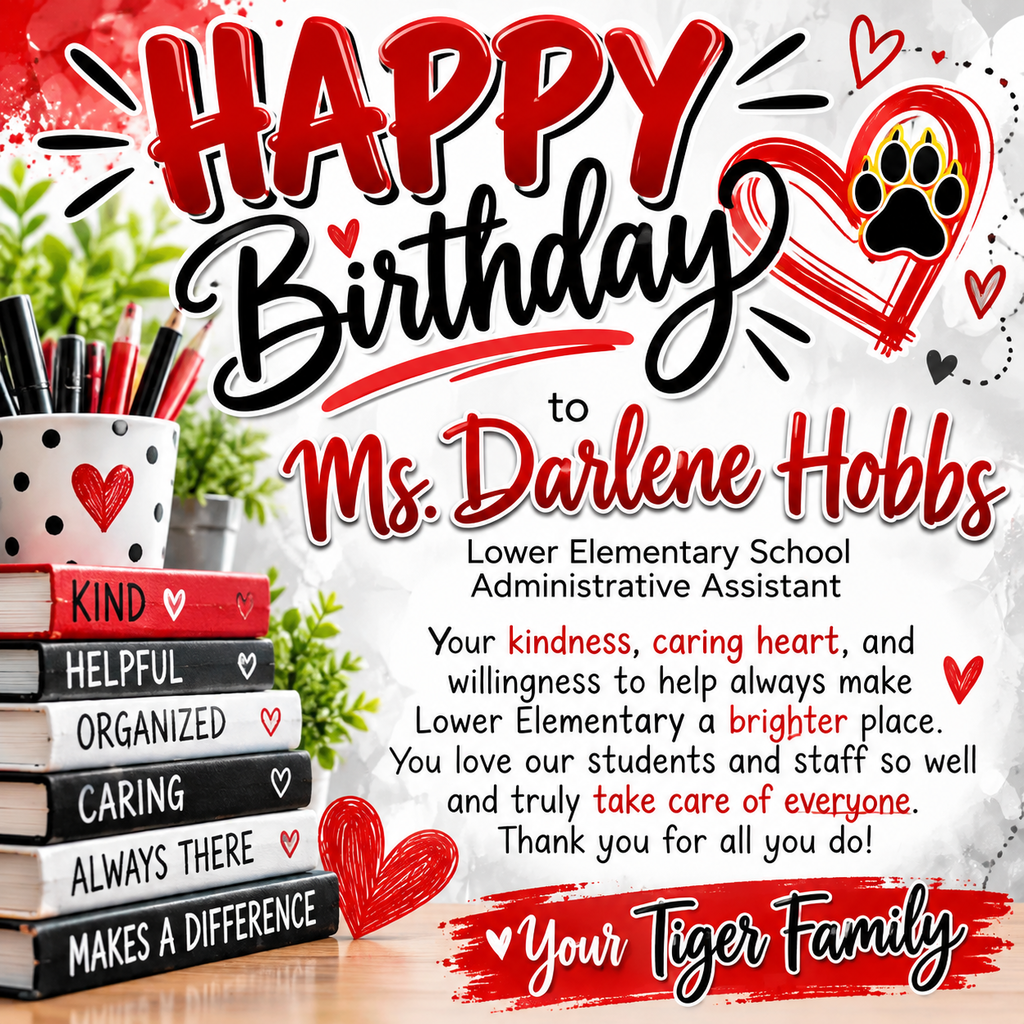 A birthday card for Ms. Darlene Hobbs, Administrative Assistant. The card has a red background with hearts and a paw print.