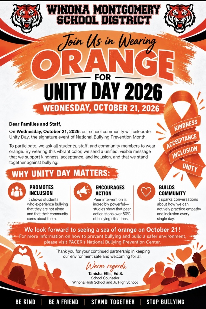 Poster with text and icons. It reads, "Join Us in Wearing Orange for Unity Day 2026." Icons include a heart, a ribbon, and a speech bubble.