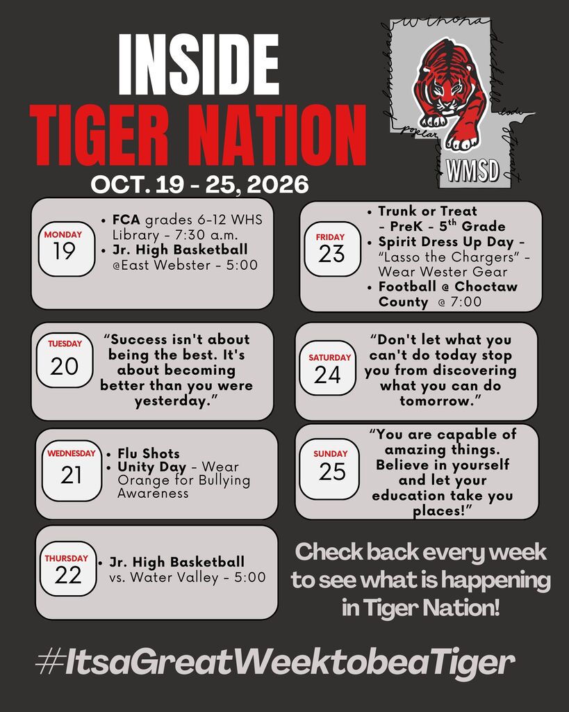 Calendar listing events from October 19 to October 25, 2026, including dates, times, and descriptions for each day.