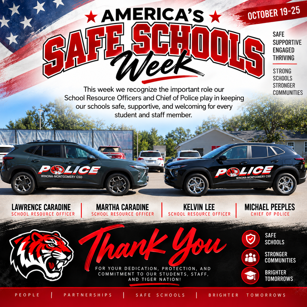 Black police SUVS parked in front of flag with text "America's Safe Schools Week" and four names below.