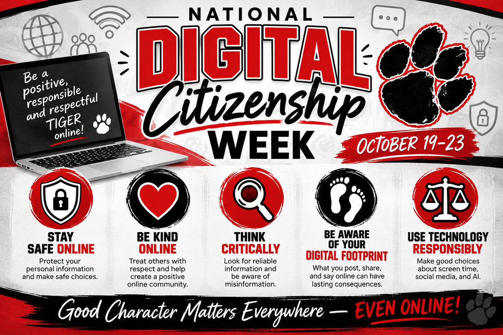 Poster with paw print, icons, and text: "National Digital Citizenship Week, October 19-23" and "Good Character Matters Everywhere – Even Online!"
