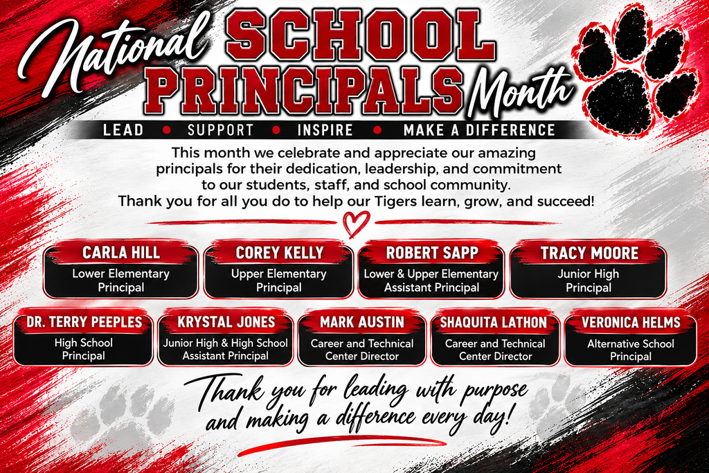 Poster with red, black, and white background; names of principals, paw print, and text "National School Principals Month".