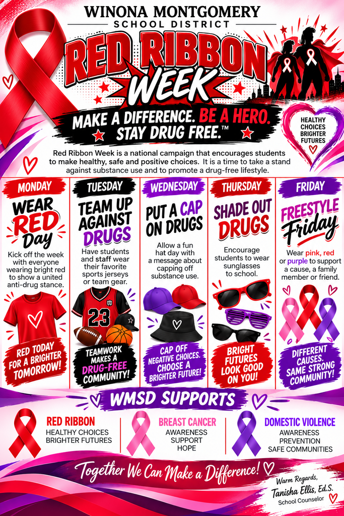 Flyer with red ribbon images, text and graphics. Activities and ideas for Red Ribbon Week.