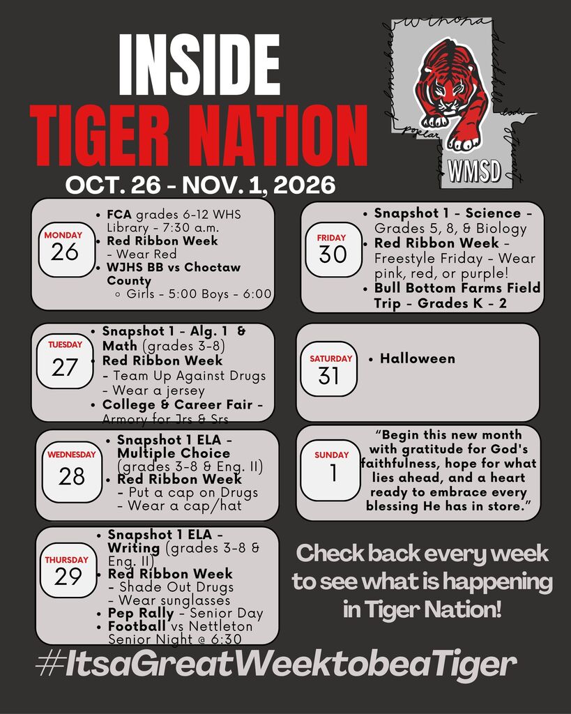 Calendar of events for weeks of October 26 to November 1, 2026, with dates, activities, and colors.