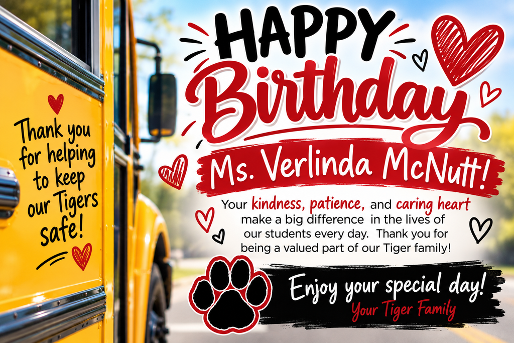 A yellow bus with a red heart and message "Happy Birthday Ms. Verlinda McNutt" on it.