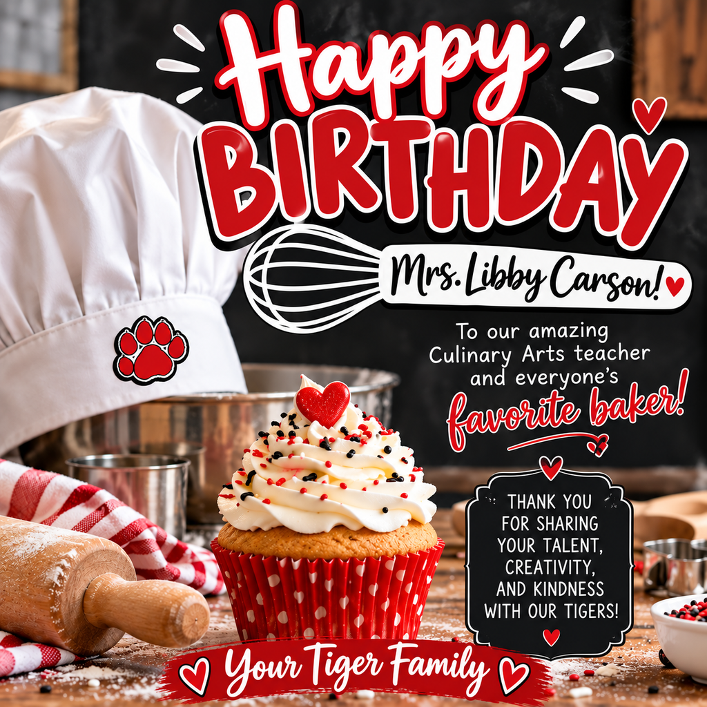 Happy birthday sign with cupcake, chef's hat, rolling pin, whisk, and other kitchen tools.