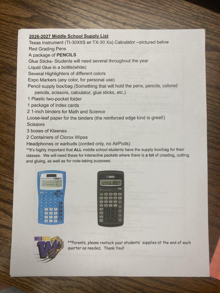 Middle School Supply List