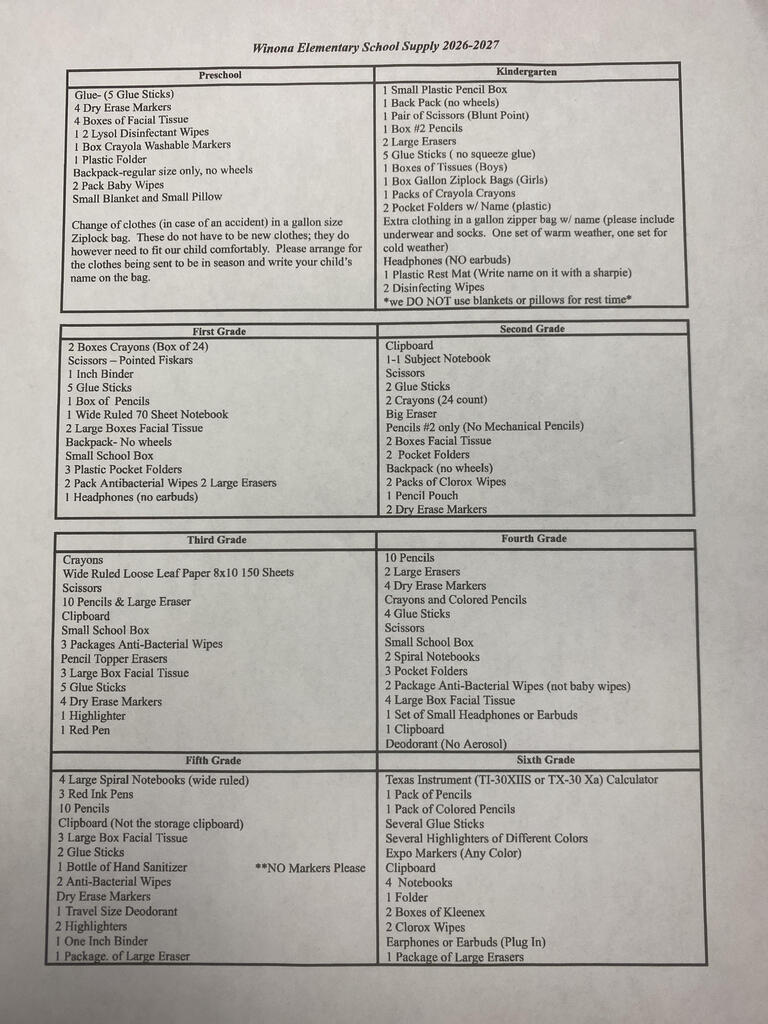 Elementary Supply List