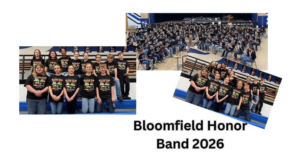 13 Winside 6th grade band students in a collage with a formal picture, a funny pose picture and a picture of the entire Bloomfield honor band