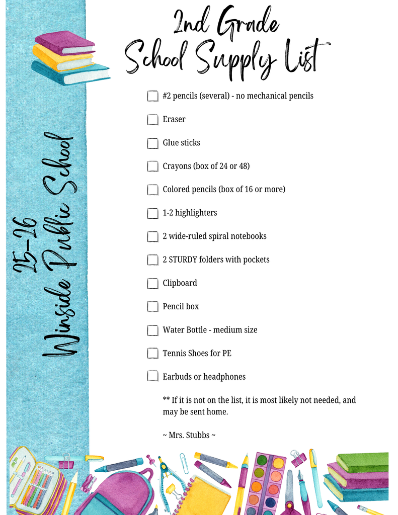 2nd grade supply list