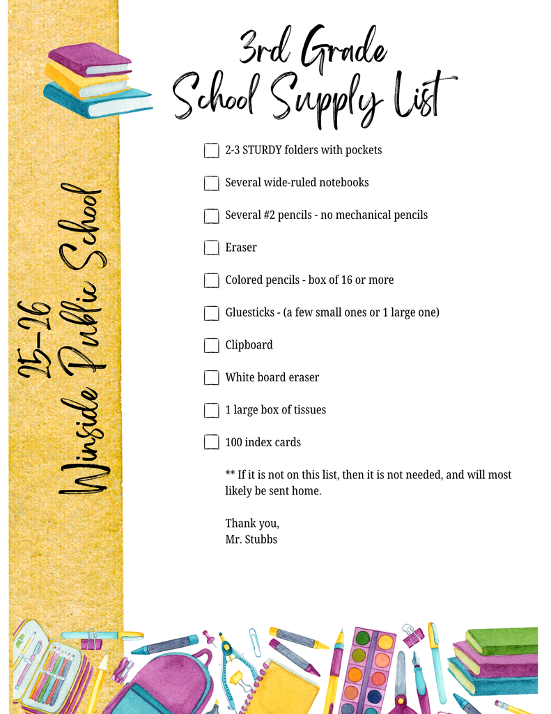 3rd grade supply list