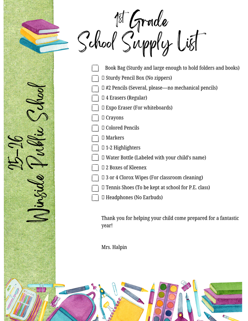 1st grade supply list