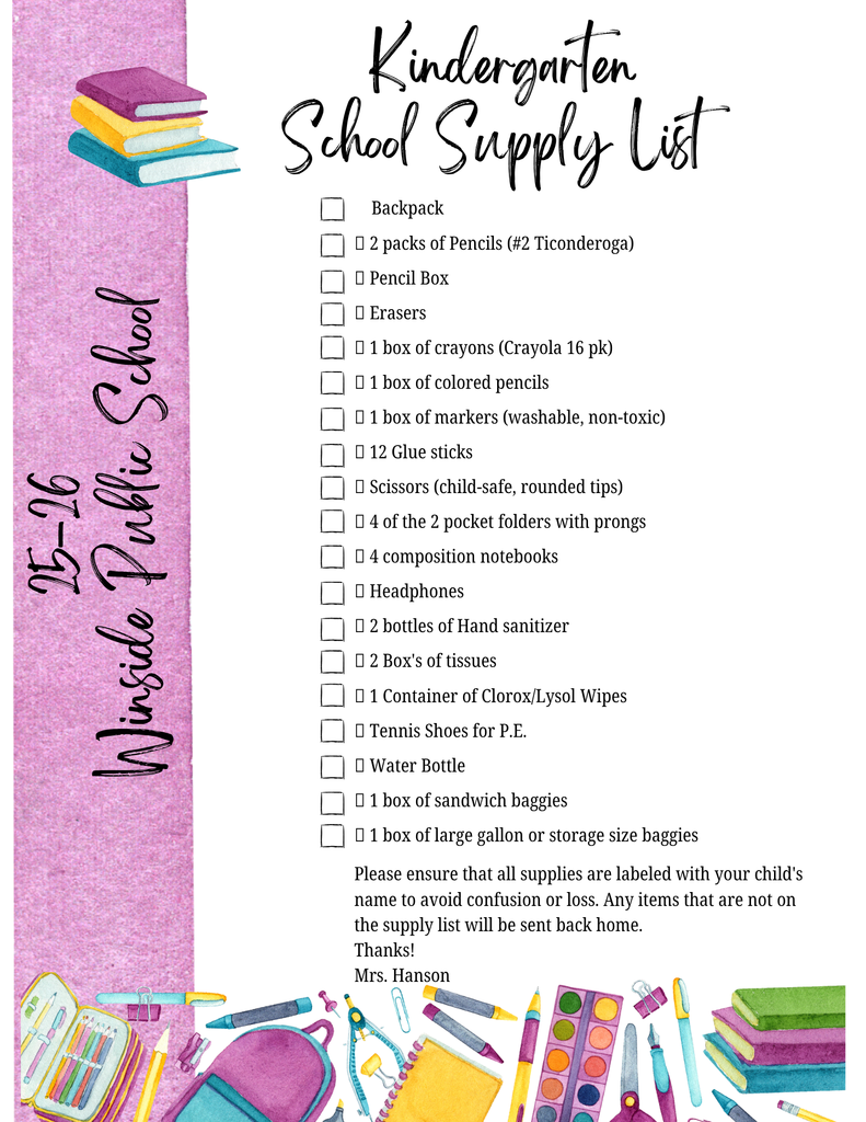 Kindergarten supply list