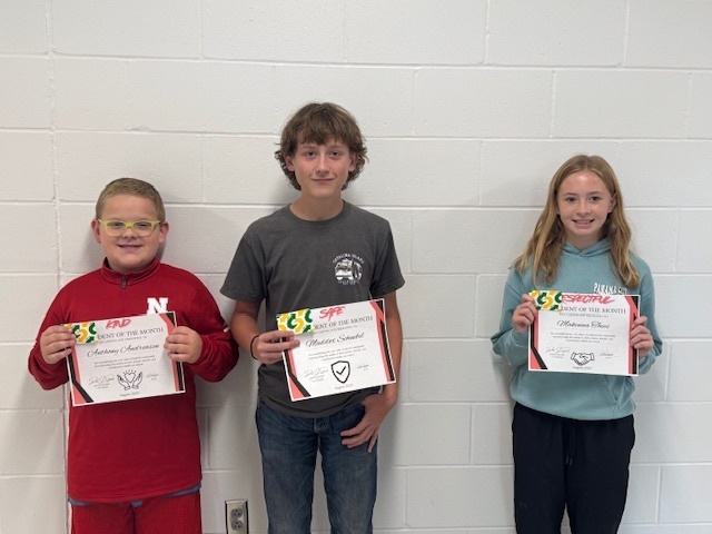 August student of the month winners: Anthony Andreasen (kind), Maddox Schnebel (Safe), Makenna Thies (respectful)--not pictured Alayna Carlson (Responsible)