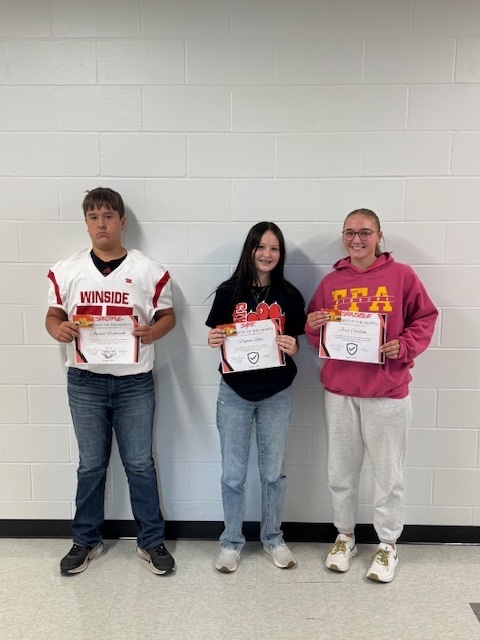 August student of the month winners: Austin Frederick (respectful), Peyton Ellis (safe), Jerzi Carlson (responsible), Maci Schmidt --not pictured (kind)