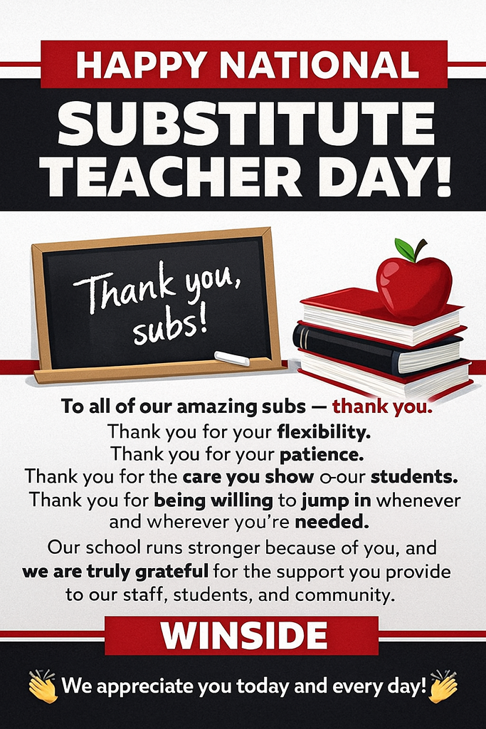 Graphic thanking all of our substitute teachers that help out at school on National Substitute Teacher Day!